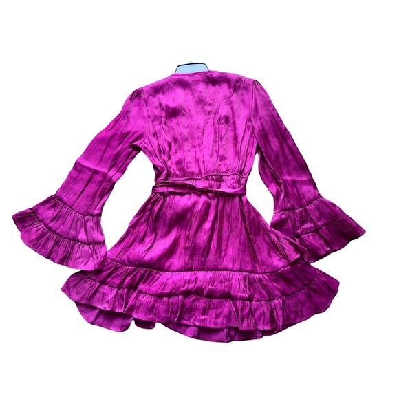 Metallic Fuchsia Tiered Satin Pleated Belted A Line V Neck Womens Medium Dress - Picture 10 of 16